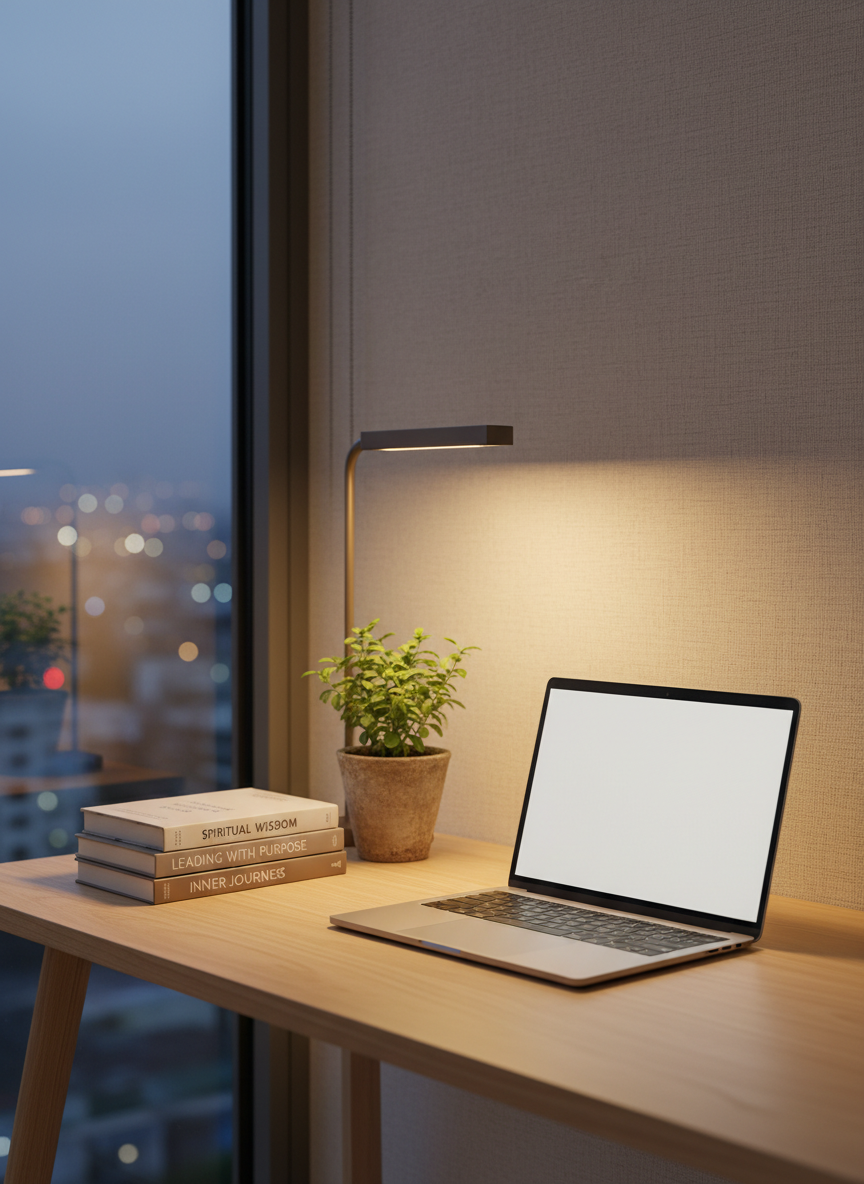 A minimalist study nook with a pale wooden desk against a light, textured wall, holding an open laptop displaying a blank document, a small stack of spiritual and leadership books, and a single tulsi plant in a simple clay pot. Outside the nearby window, blurred city lights glimmer as evening falls. Warm desk-lamp light pools over the workspace while cooler twilight filters in from outside, creating a balanced, thoughtful contrast. Photographic realism, captured at a three-quarter angle with shallow depth of field, conveying the quiet discipline of writing, sadhana notes, and personal reflections after a full day.