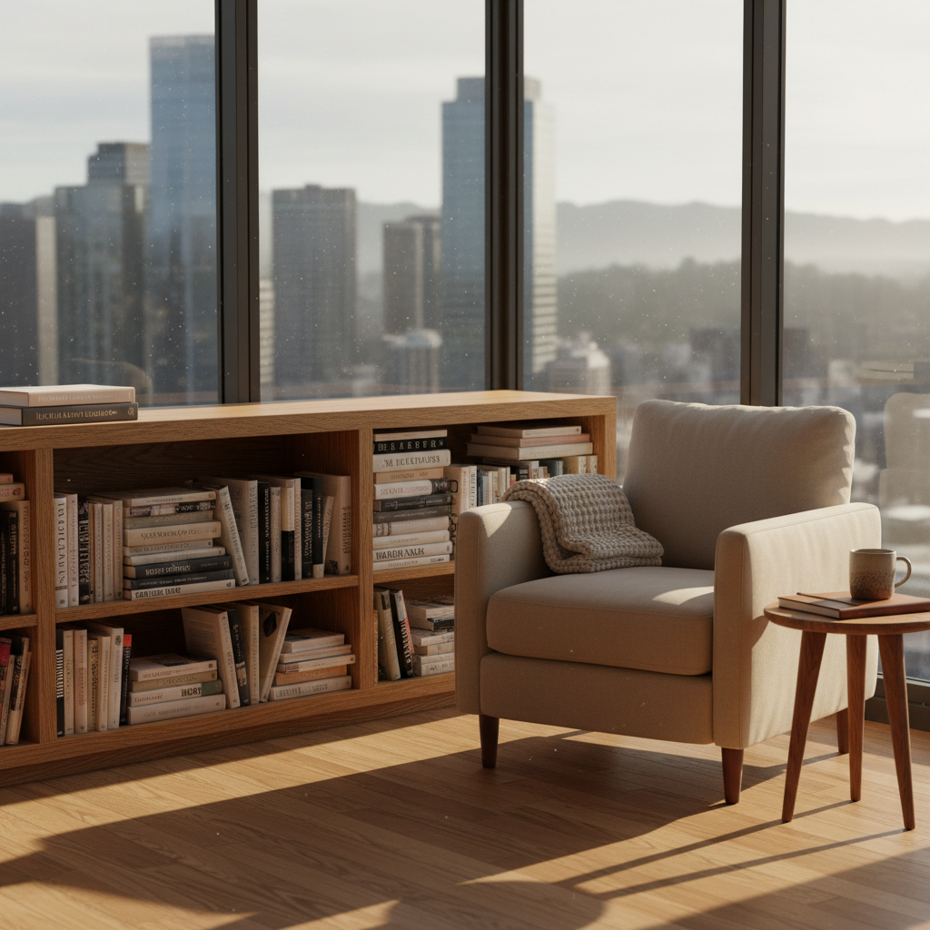An open, sunlit living room with warm wooden flooring, a low bookshelf overflowing with diverse titles on leadership, philosophy, history, and spirituality, and a soft beige armchair facing a large window framing a city skyline and distant hills. A woolen throw is neatly folded over the armchair, and a ceramic mug sits on a small side table beside a closed notebook. Golden hour light bathes the room, casting long, gentle shadows and creating a cozy, thoughtful mood. Photographic realism, shot at eye level with a moderate depth of field, capturing the atmosphere of a reflective, well-read life balancing family, work, and inner growth.
