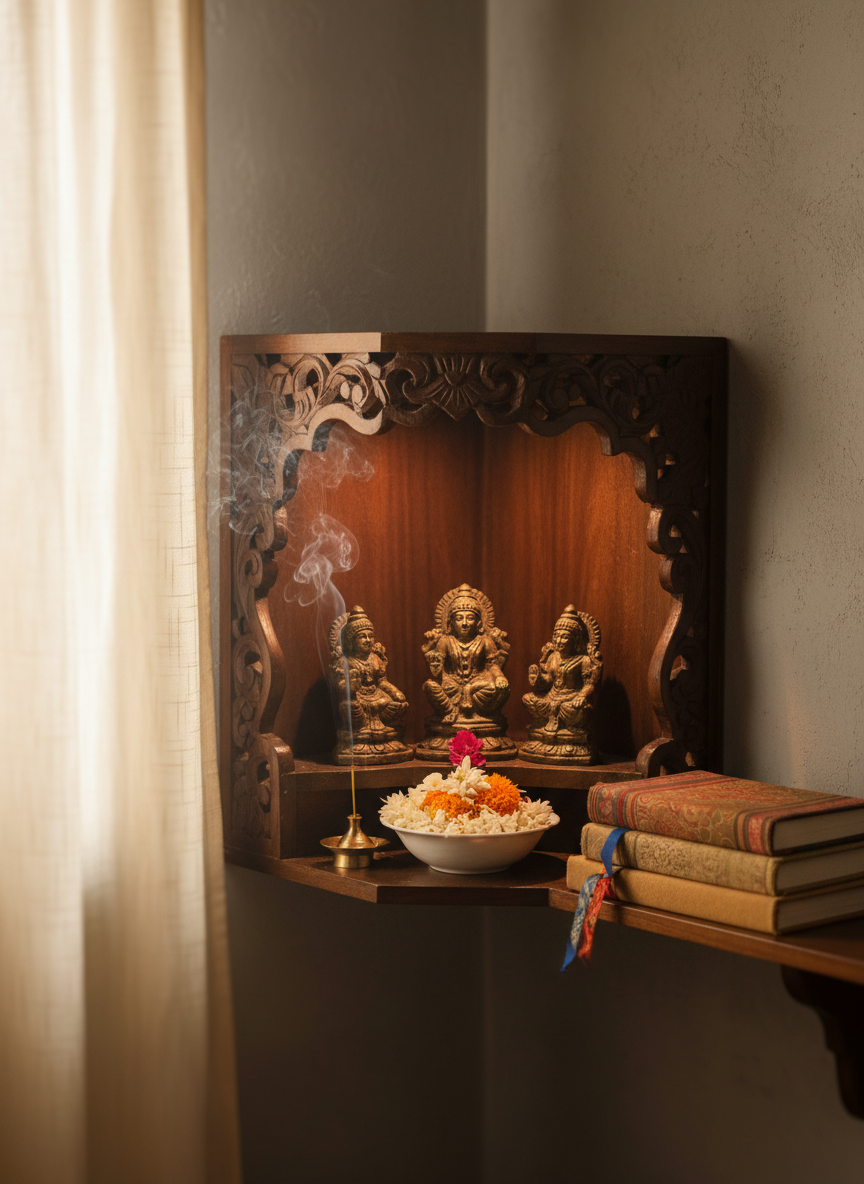 A meticulously arranged corner shrine made of carved dark wood, holding a few simple brass murtis, a bowl of fresh white flowers, and a small stack of well-worn spiritual books with cloth bookmarks peeking out. A thin trail of incense smoke curls upward, dissolving into the dim background. Soft early-morning light filters from the side through a sheer curtain, catching the edge of the brass and creating subtle highlights. The scene is photographed from a slightly elevated angle with shallow depth of field, emphasizing quiet devotion, introspection, and the understated elegance of everyday Sanatan Dharma practice in a personal home setting.