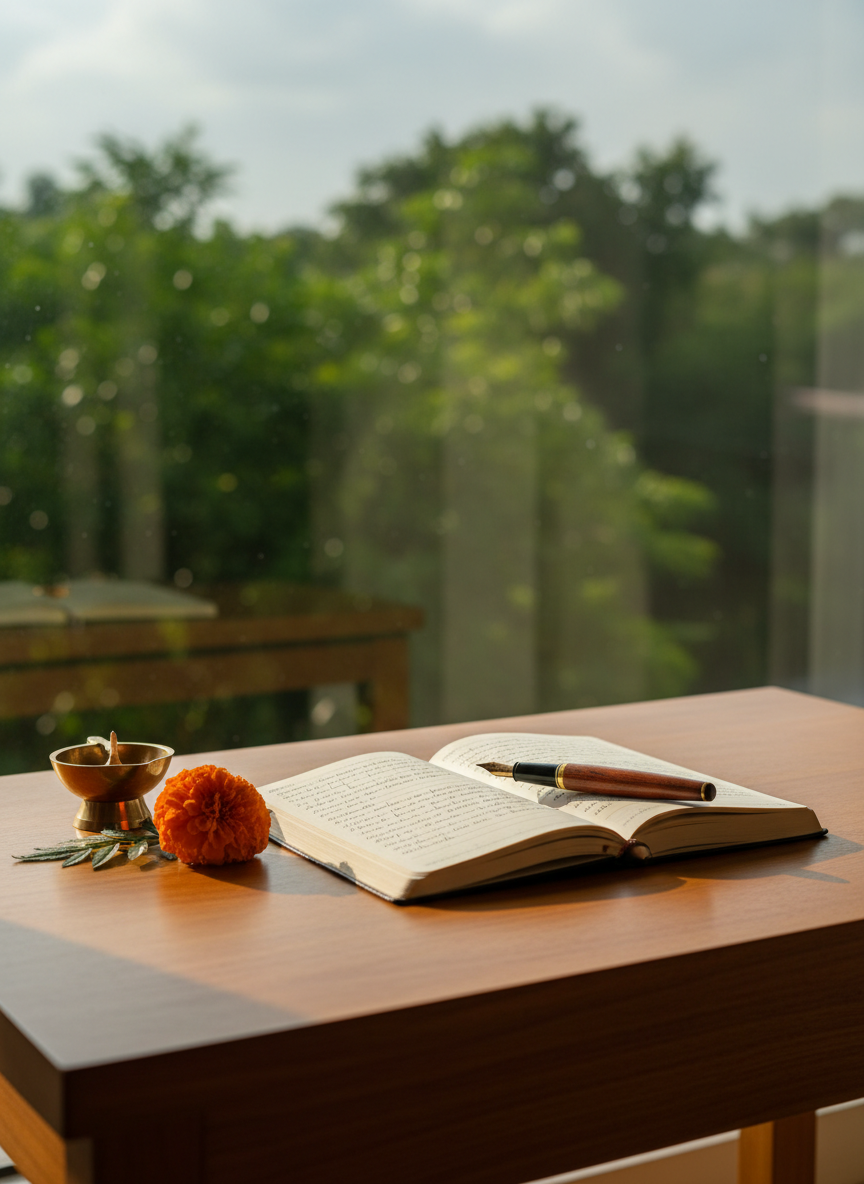 A simple wooden writing desk with a smooth, honey-toned surface, holding an open, cream-colored journal with neat handwritten lines and a finely crafted fountain pen resting across the page. A small brass diya, unlit but polished, sits to one side near a single marigold flower. The desk stands near a large window overlooking soft greenery slightly out of focus. Late afternoon natural light spills in, casting gentle, elongated shadows and a warm glow across the scene. Photographic realism, shot at eye level with a shallow depth of field, creating a calm, reflective, and welcoming atmosphere, perfect for a personal life reflections homepage hero image.