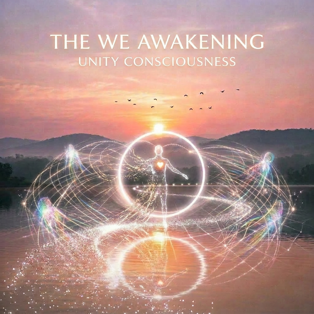 Sparkling humanoid figure with outstretched arms next to a glowing ring over a calm lake at sunrise with birds flying
